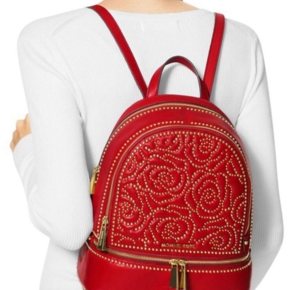 NWOT Michael Kors Rhea Studded backpack Bright Red - Picture 14 of 15